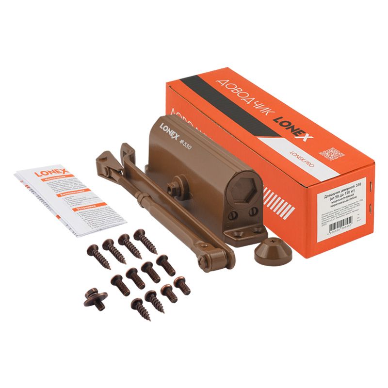 Комплектация и упаковка Доводчик дверной 330 LONEX цвет Коричневый (8024) Нора-М
