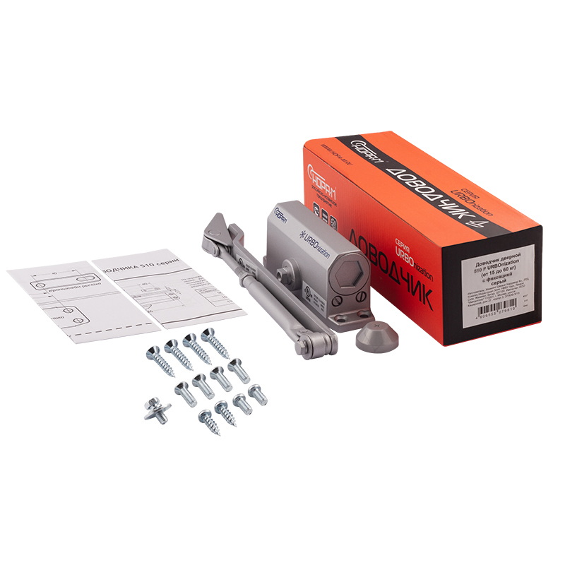 Комплектация и упаковка Доводчик дверной с фиксацией 510F URBOnization цвет Серый Нора-М