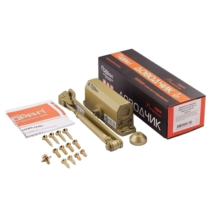 Комплектация и упаковка Доводчик дверной 2S от 25 до 70 кг цвет Золото Нора-М